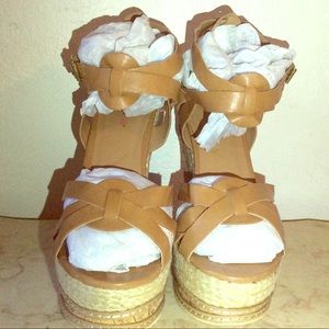 Tan wedge strappy sandals